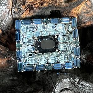 Vintage Signed Kramer of NY Blue Rhinestone Brooch Recessed Shadowbox Statement